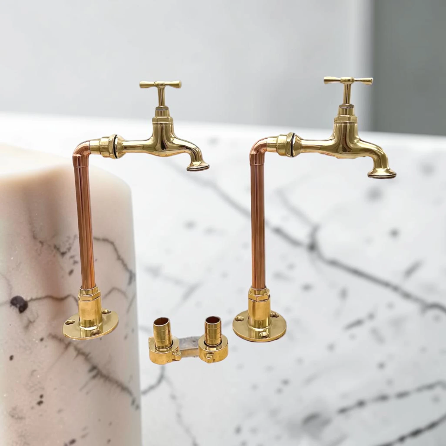 Vintage Style Polished Brass And Copper Faucet Set - Decorative Crafted Countertop Taps - Image 2