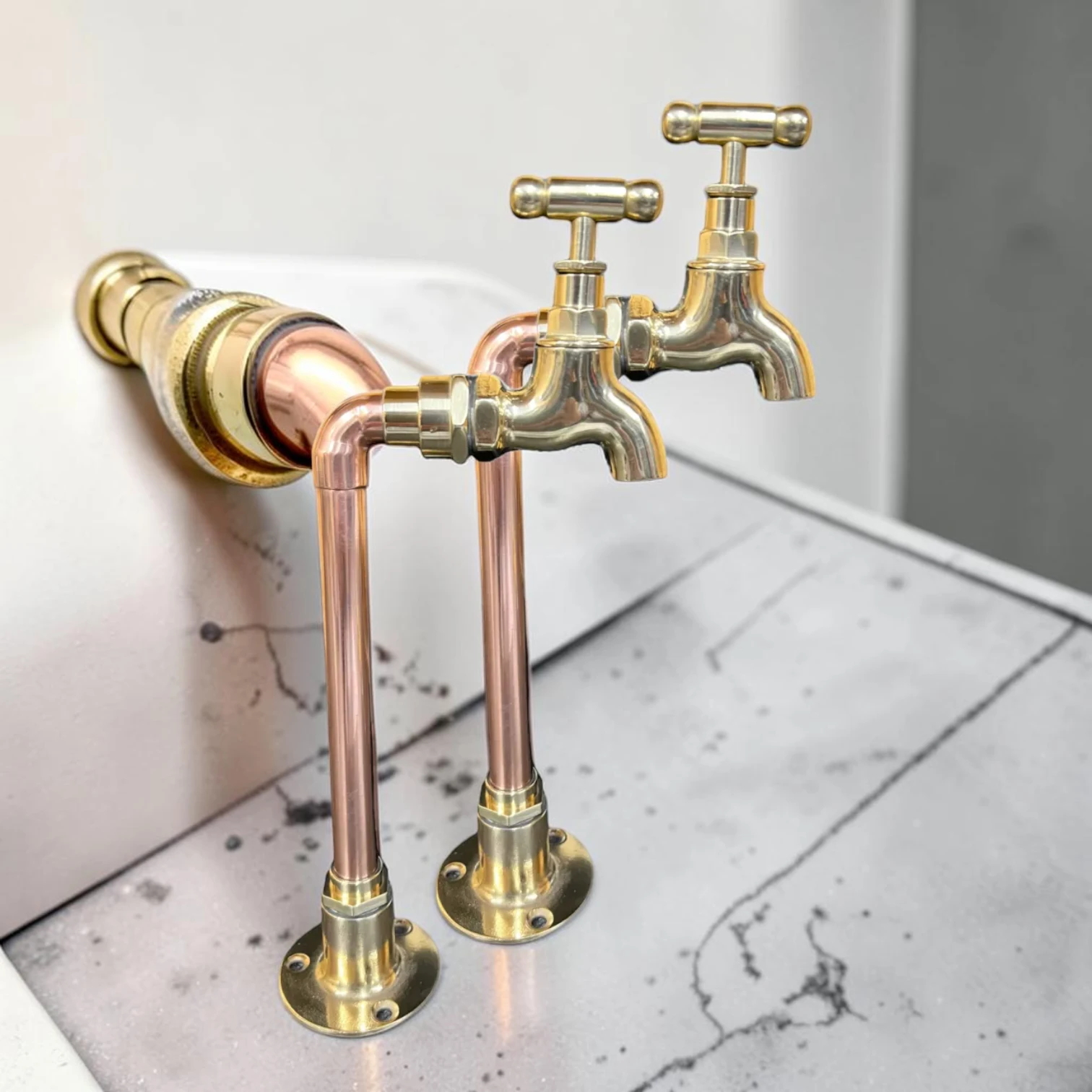 Vintage Style Solid Brass And Copper Pillar Taps - Decorative Crafted Bathroom Basin Faucets