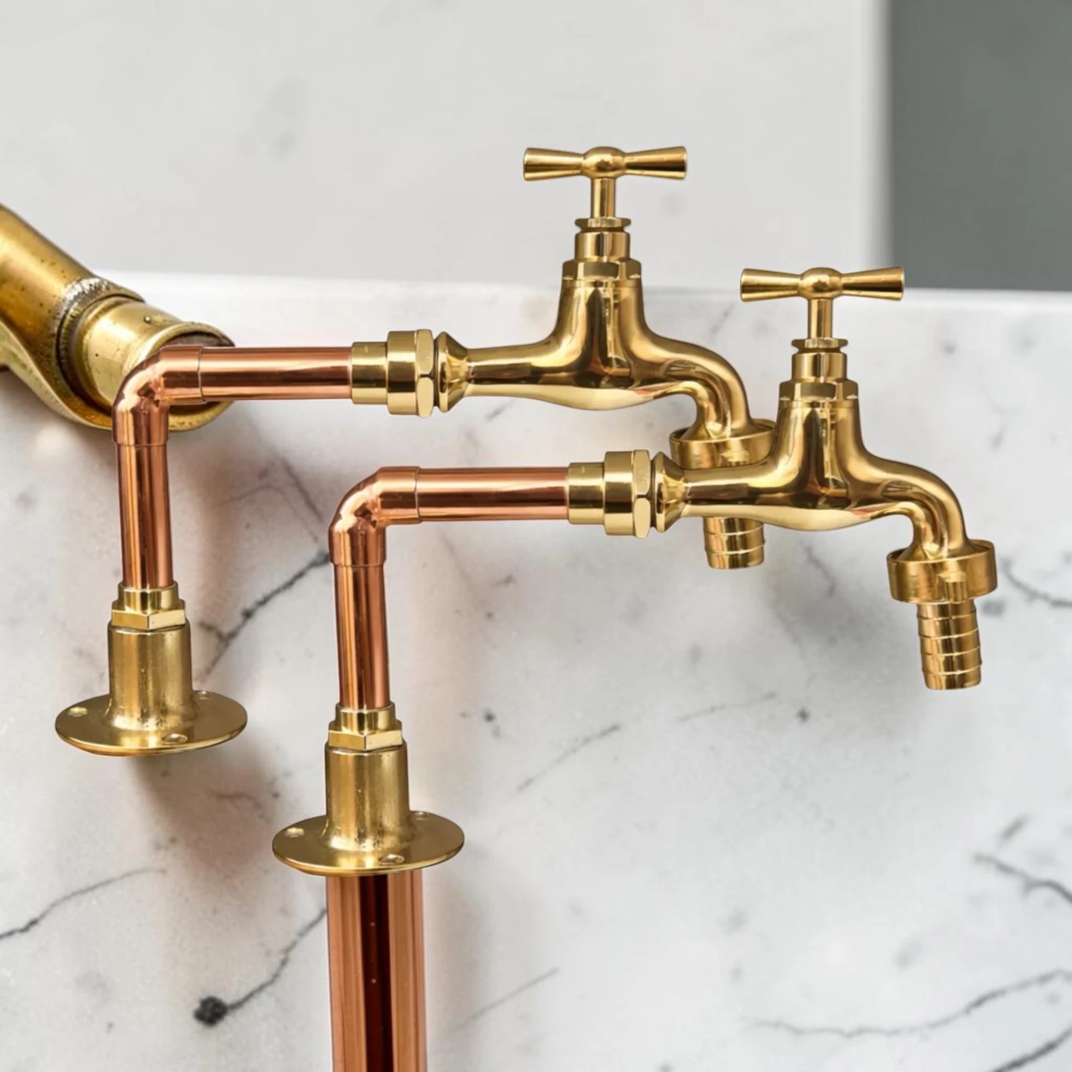Vintage Solid Copper & Brass Basin Taps - Rustic Crafted Faucet Pair
