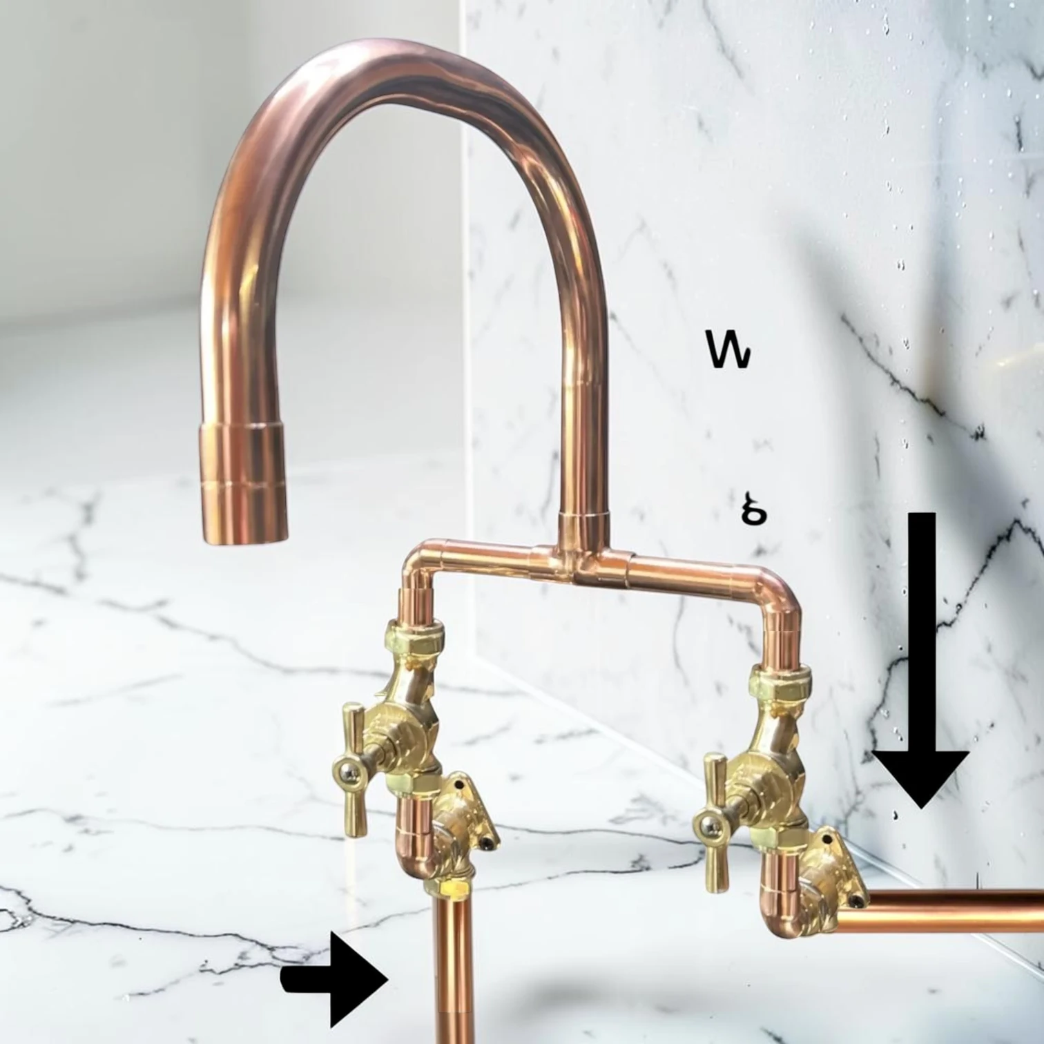 Crafted Solid Copper And Brass Exposed Pipe Wall-Mounted Kitchen Mixer Tap - Both water pipes from below, 16cm, 25cm - most purchased - Image 5