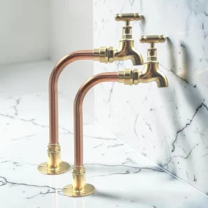 Pair Of Small Vintage Polished Brass And Copper Taps For Cloakroom, Camper Van Or Vanity