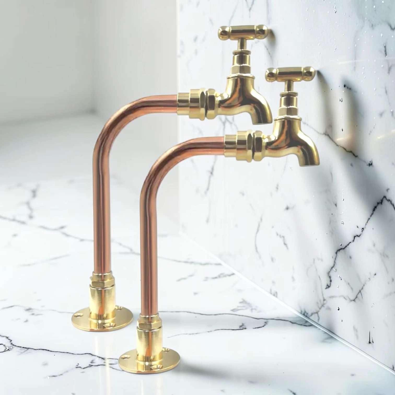 Pair Of Small Vintage Polished Brass And Copper Taps For Cloakroom, Camper Van Or Vanity