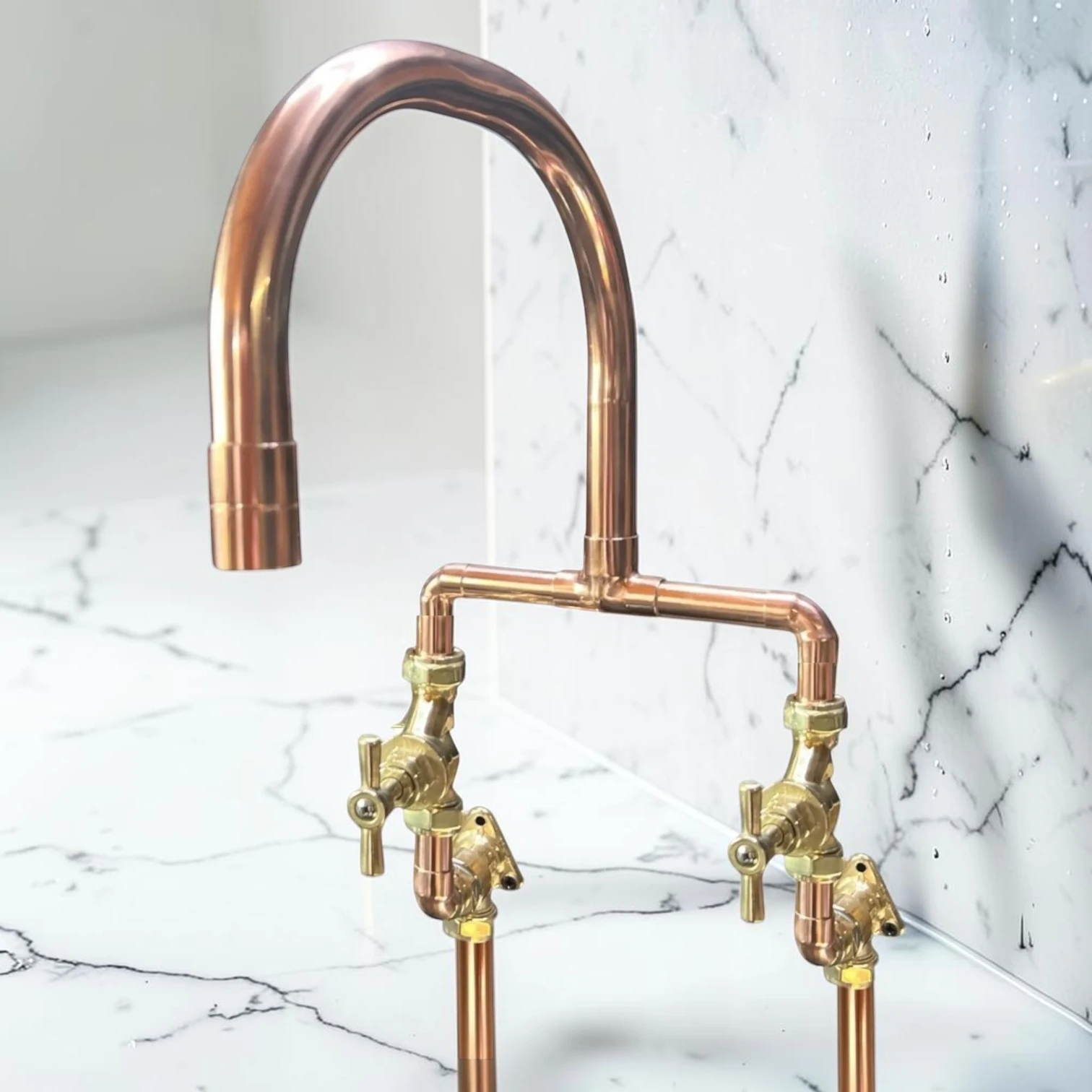 Crafted Solid Copper And Brass Exposed Pipe Wall-Mounted Kitchen Mixer Tap - Both water pipes from below, 16cm, 25cm - most purchased