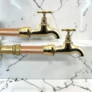 Crafted Solid Copper & Brass Wall Mounted Kitchen Taps - Industrial Vintage Style, Custom Adjustable Sizes