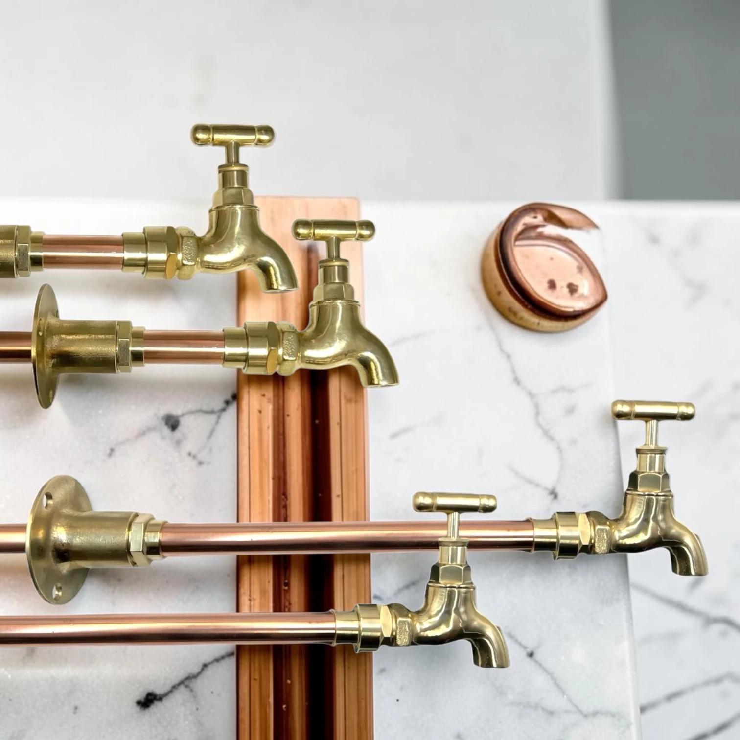 Crafted Vintage Brass & Copper Wall Mounted Taps - Custom Projection Industrial Faucet Set