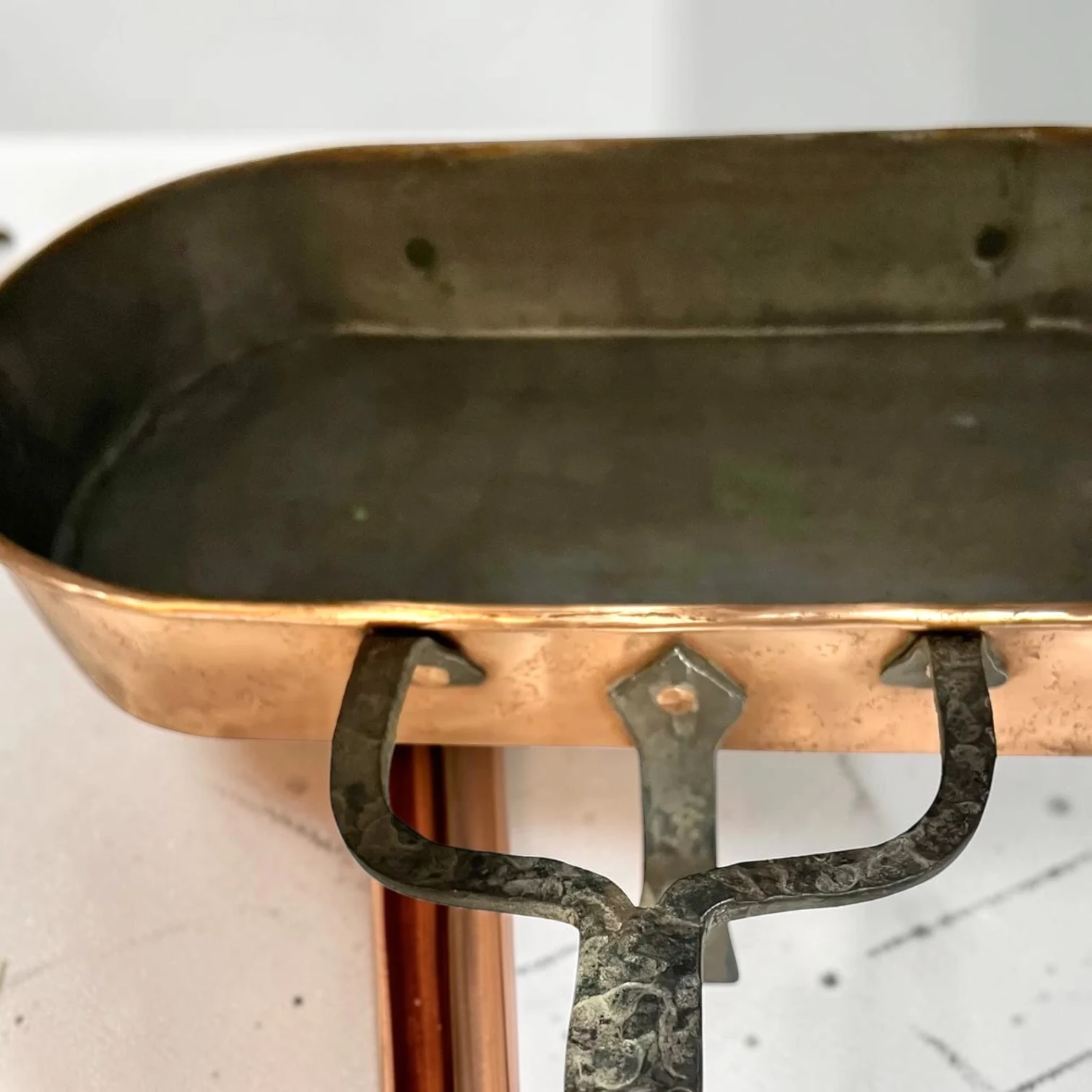 Antique French Wrought Iron & Copper Fireplace Roasting Tray - Rustic Hearth Decor - Image 9