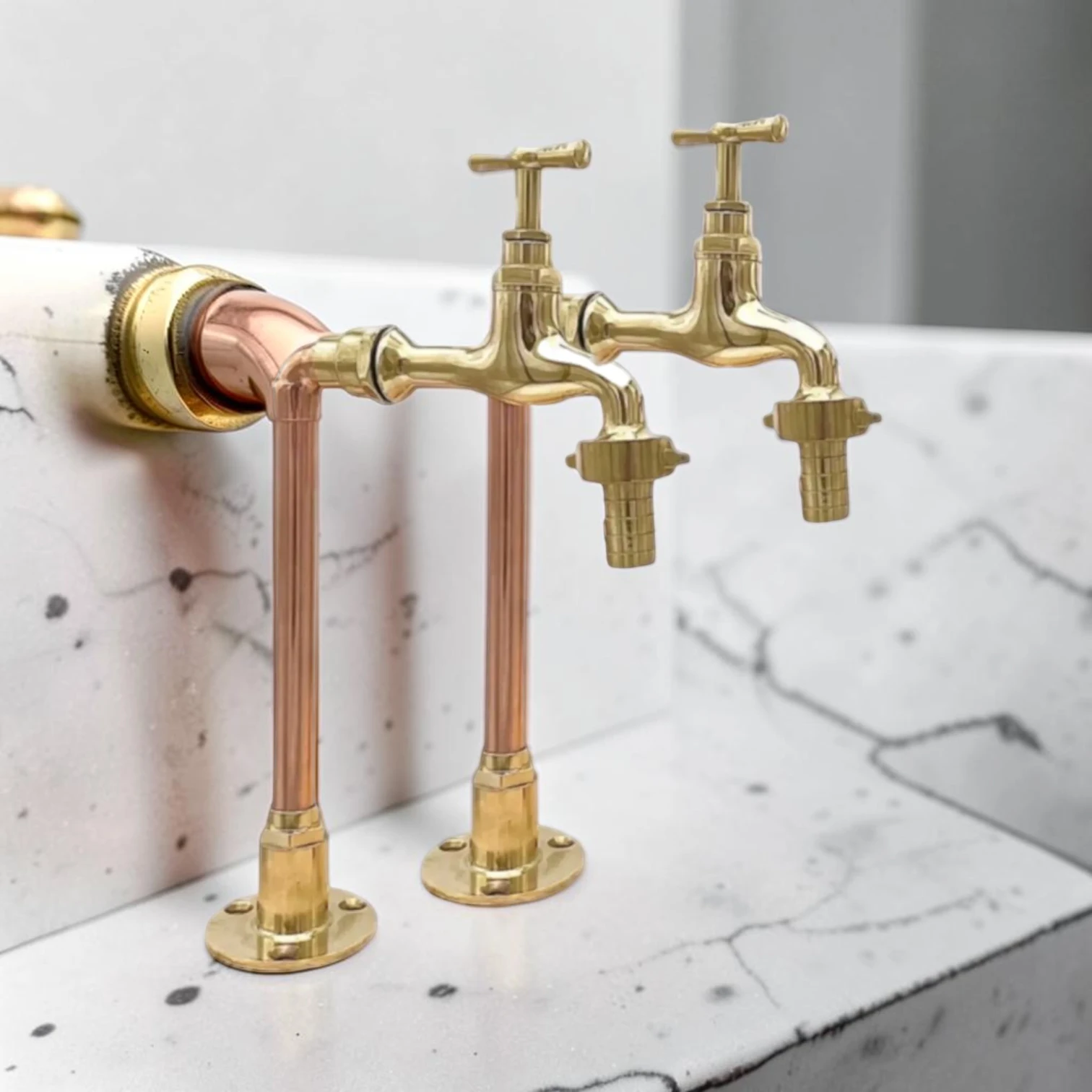 Vintage Style Polished Brass And Copper Faucet Set - Decorative Crafted Countertop Taps