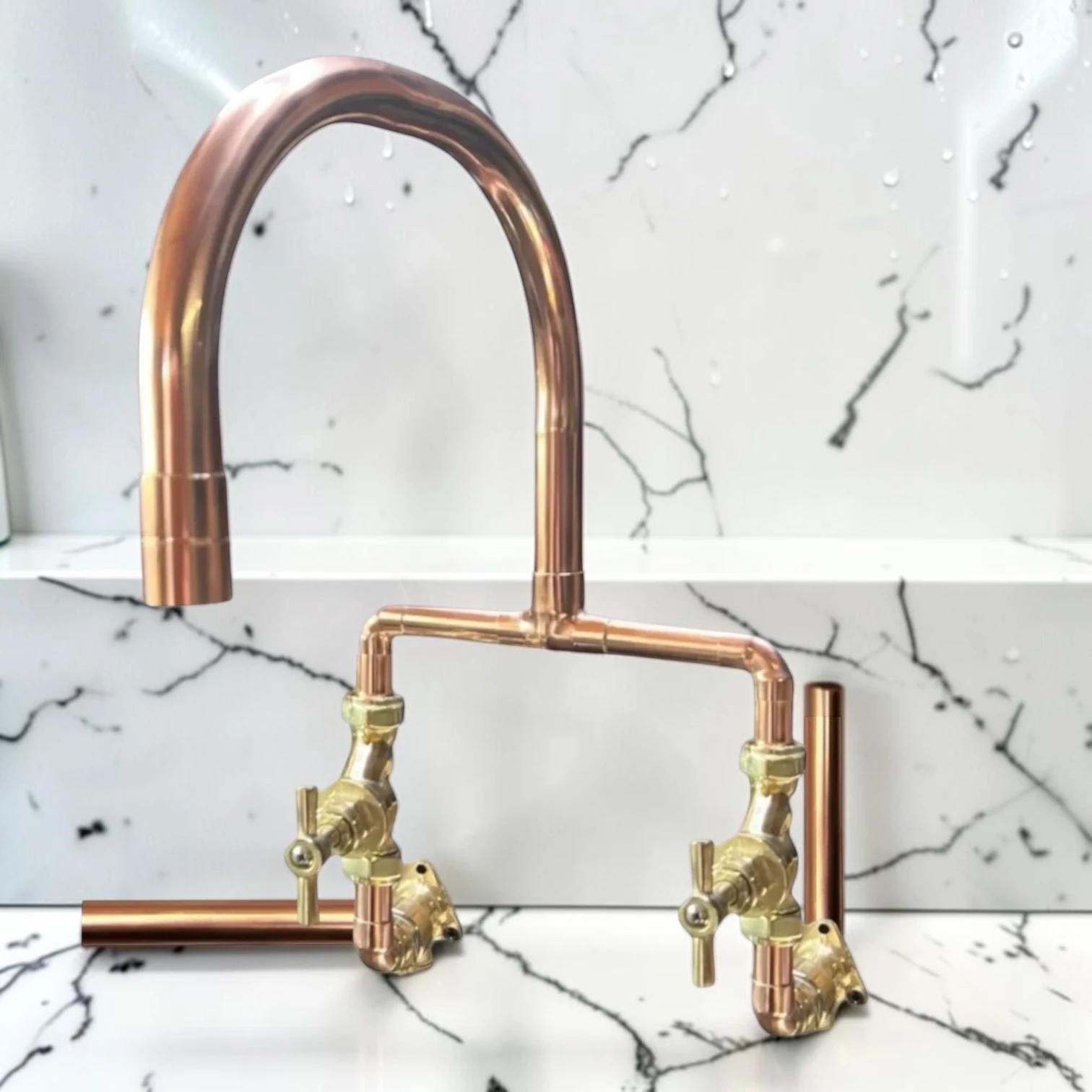 Crafted Solid Copper And Brass Exposed Pipe Wall-Mounted Kitchen Mixer Tap - Both water pipes from below, 16cm, 25cm - most purchased - Image 4