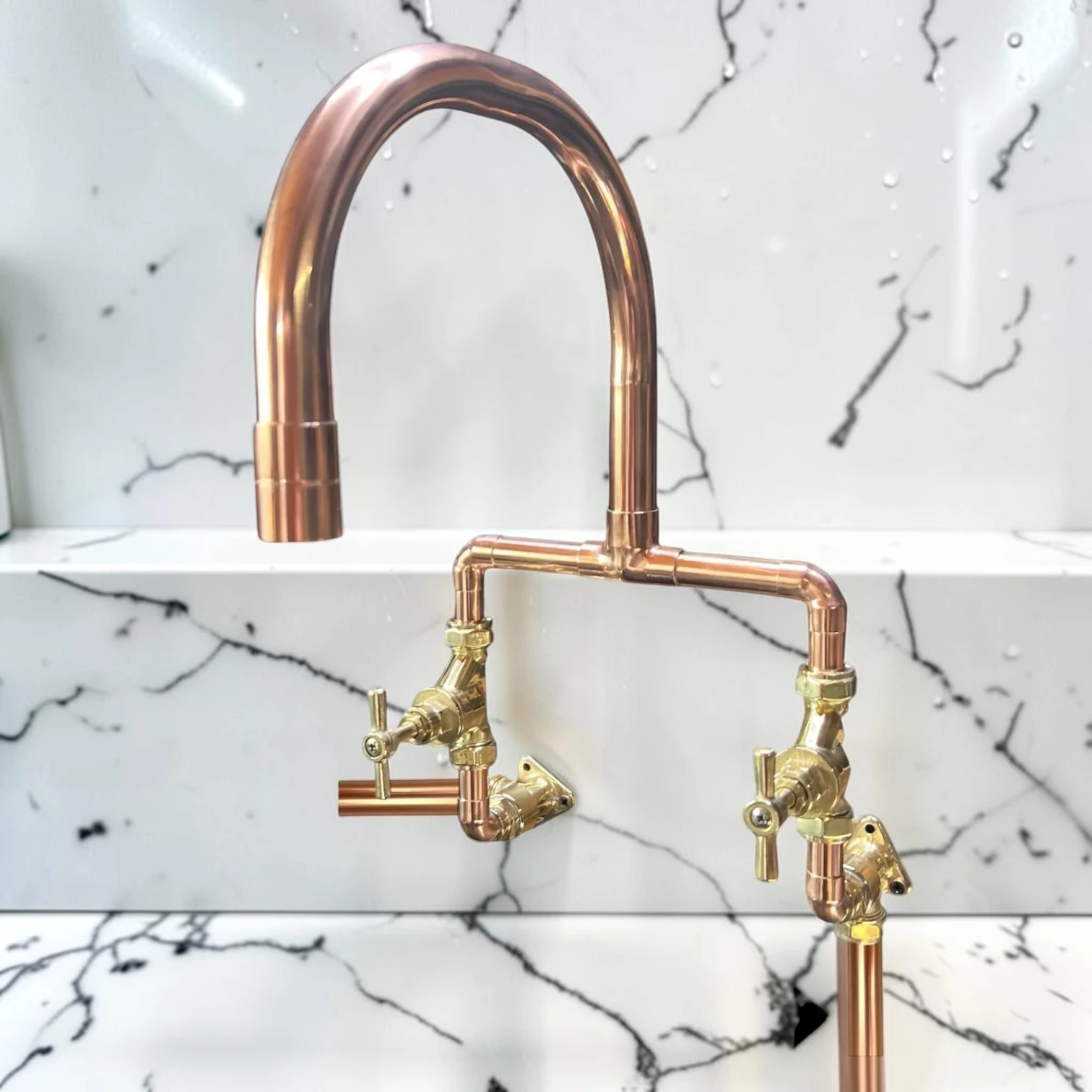 Crafted Solid Copper And Brass Exposed Pipe Wall-Mounted Kitchen Mixer Tap - Both water pipes from below, 16cm, 25cm - most purchased - Image 3